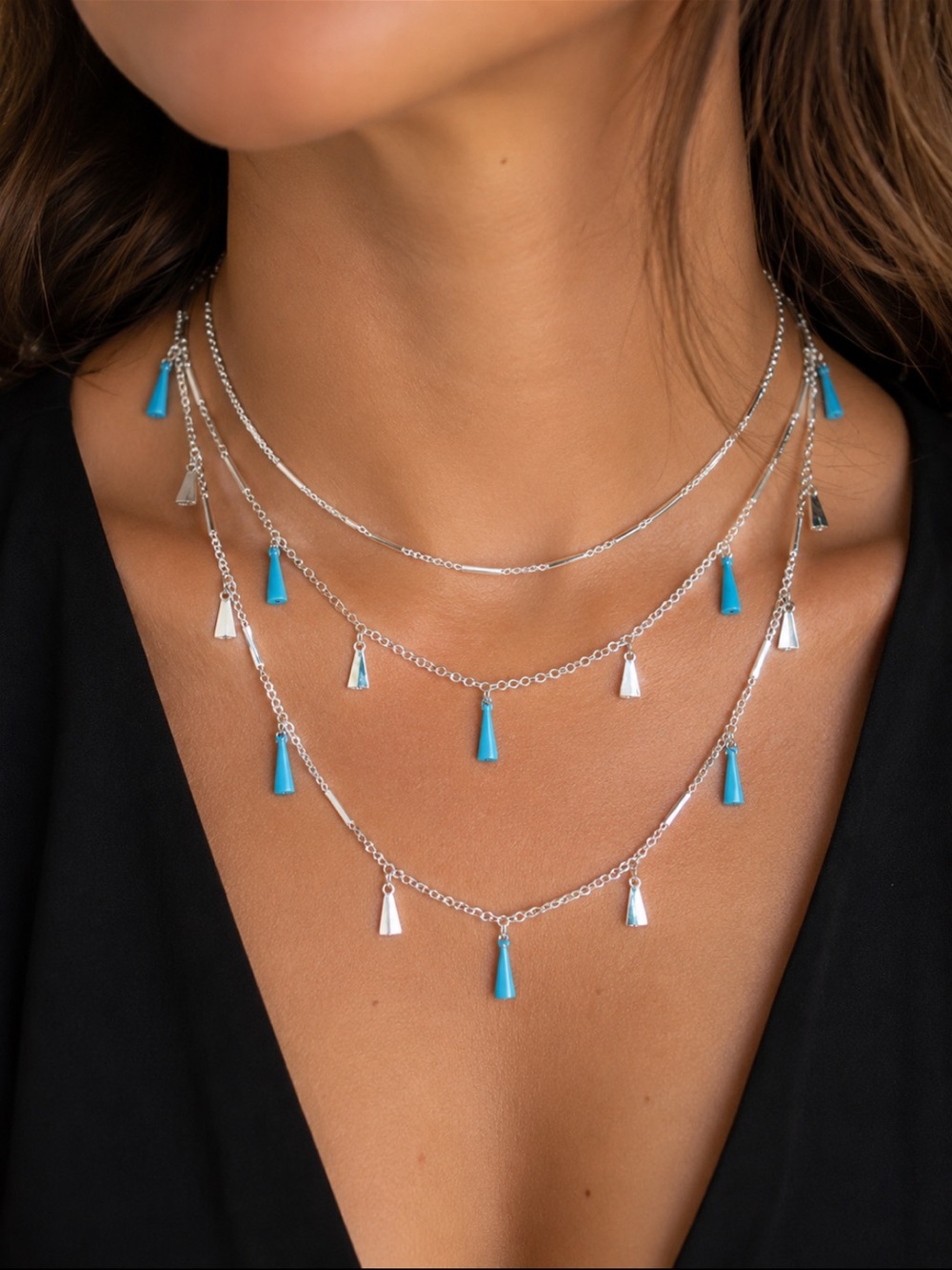 Silver Multi-Layer Necklace with Turquoise Accents